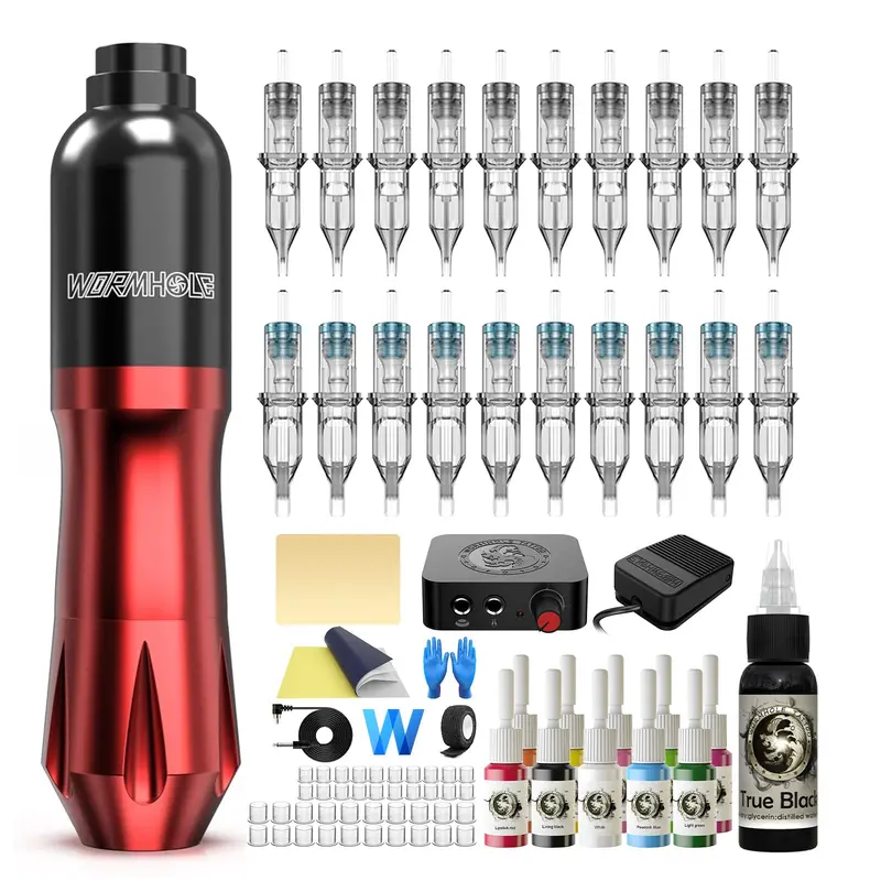 Professional Tattoo Pen Kit with 20 Disposable Cartridge Needles, 10 Ink Colors, Power Supply & Foot Pedal