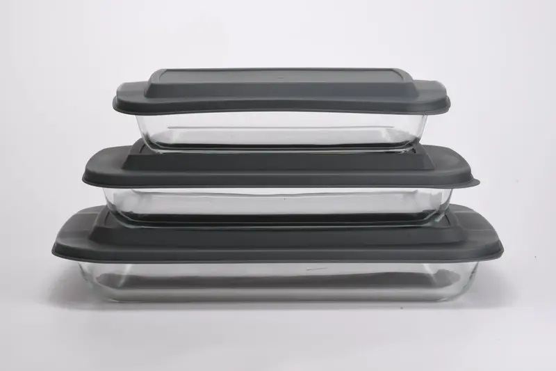 Rectangular Glass Food Storage Set with Grey Airtight Lids – 3-Piece, 1.6L, 2.2L, and 3L Capacities