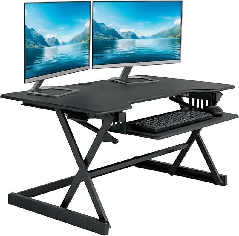 Rocelco R-DADRB-40-ACUSB Height-Adjustable Standing Desk Converter – Gas Spring Lift, Dual Monitor Support, Built-in AC/USB Ports, Large Keyboard Tray