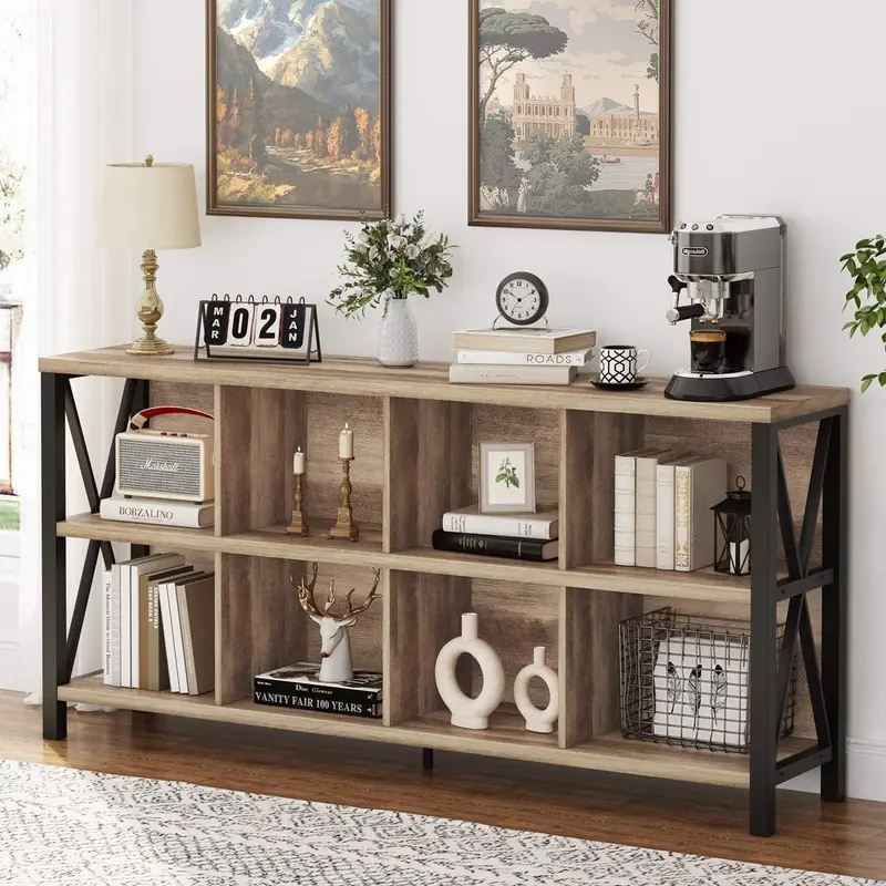 Rustic Industrial 8-Cube Storage Bookshelf – 62-Inch Wide Wood-and-Metal Organizer for Living Rooms or Offices