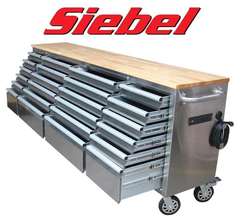 Siebel 8-Foot 24-Drawer Tool Bench – Stainless Steel, Built-in USB & Power Outlets