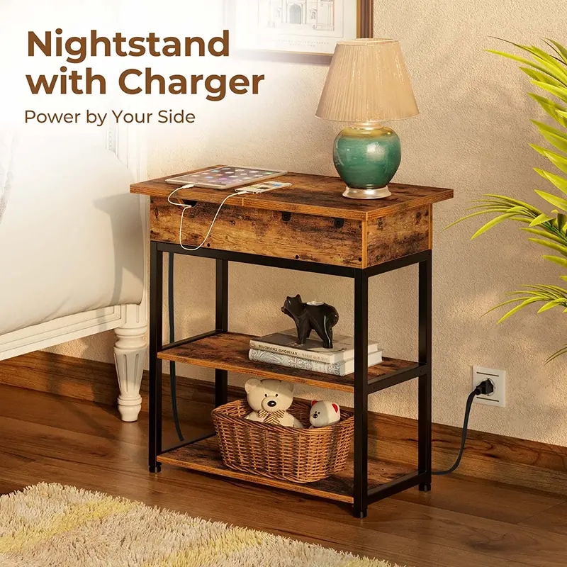 Slim Charging Station End Table – Narrow Nightstand with Drawer & Open Shelving S3118