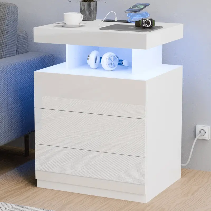 Smart Nightstand with Wireless Charging, USB Outlets & RGB LED Lighting — Contemporary Bedside Table with Drawer Storage
