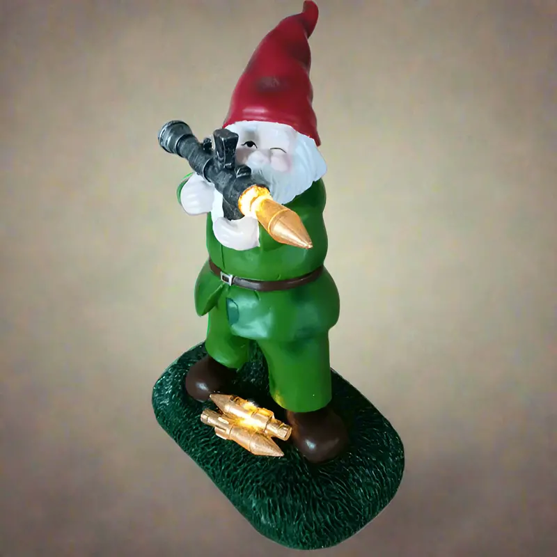 Solar-Powered Military-Themed Garden Gnome Statue with Toy RPG – Humorous Outdoor Yard Decoration