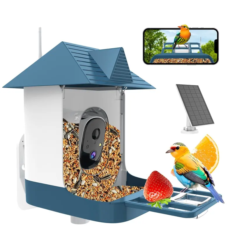 Solar-Powered WiFi Bird Feeder Camera – 2MP HD, Night Vision, 2-Way Audio (Dark Blue)