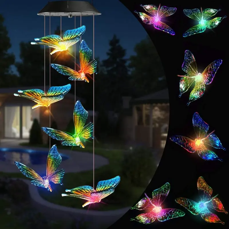 Solar-Powered Wind Chimes – Color-Shifting Butterfly & Maple Leaf LEDs for Garden & Patio