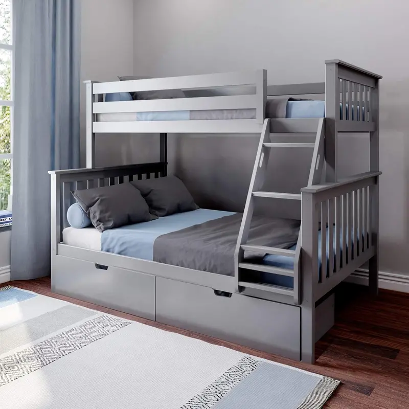 Solid Pine Twin-Over-Full Bunk Bed – Space-Saving Kids Bed with Built-In Storage Drawers
