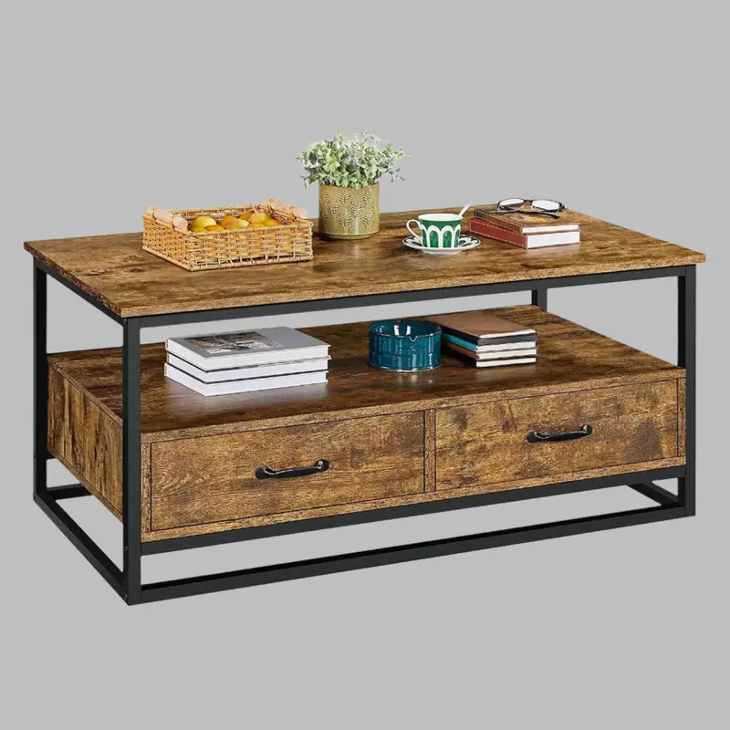 Solid Wood Farmhouse Coffee Table Featuring Two Drawers and an Open Shelf