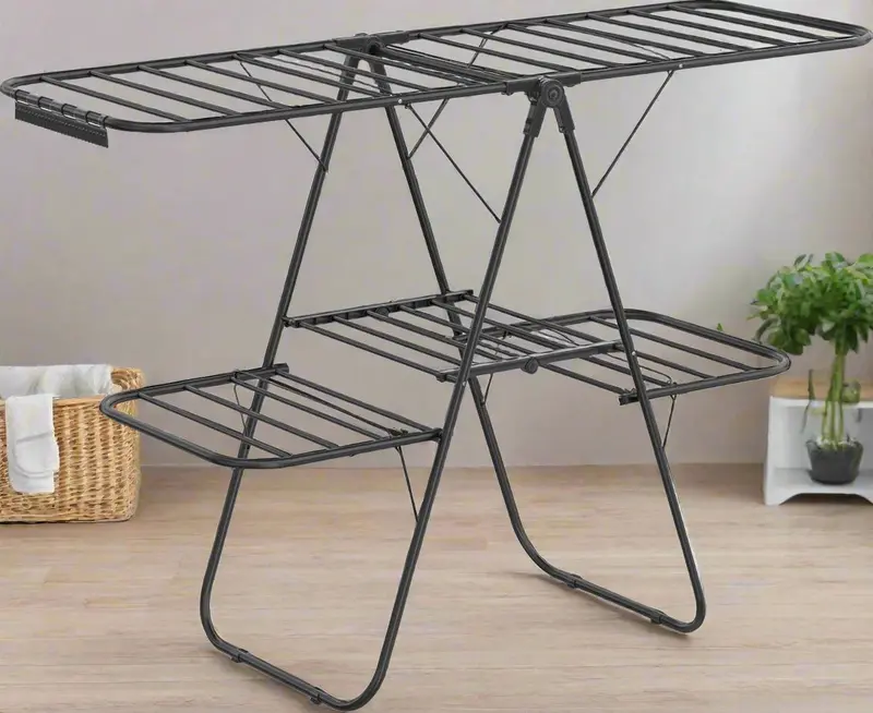 SONGMICS 2-Tier Foldable Drying Rack – Freestanding Laundry Airer with Adjustable Wings, 33 Rails, Sock Clips, and Black Finish (ULLR053B01)