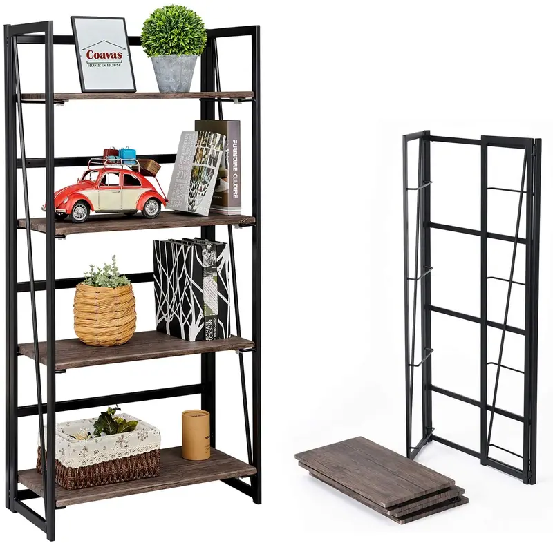 Space-Saving 4-Tier Folding Metal Bookshelf — Industrial-Look Stackable Shelf for Home or Office