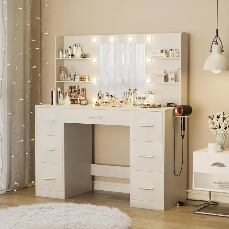 Spacious Makeup Vanity Table with LED Mirror, Integrated Power Outlets, 7 Drawers, and 6 Shelves