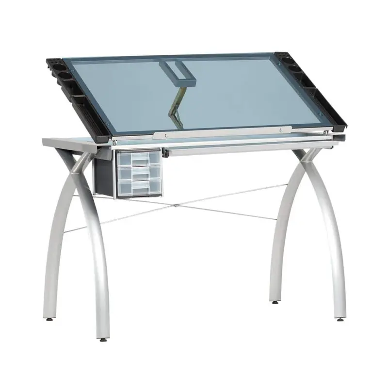 Studio Designs Futura 38″ Adjustable Craft Table – Silver/Blue Glass & Metal
