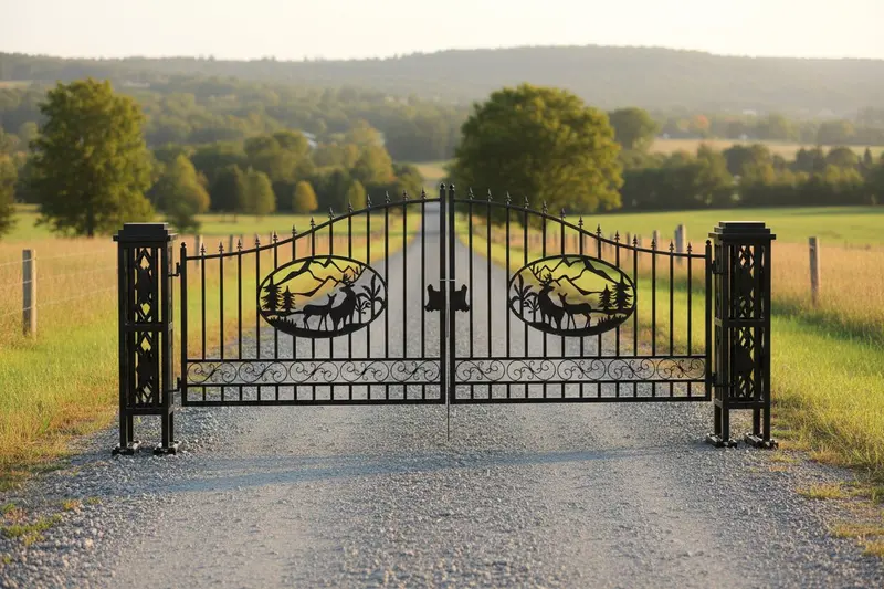 SU24DR 20-Foot Dual-Swing Farm Gate Kit – Metal Driveway Entry with Elegant Deer Silhouette Design