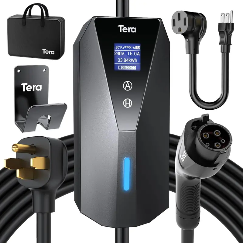Tera Portable EV Charger – J1772 Level 1 & 2 Station with 23ft Cable, NEMA Adapters & ETL Certification