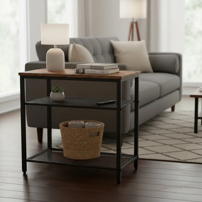 Three-Tier End Table – Rustic Wood Top with Industrial Steel Mesh Shelving (TLET2505)