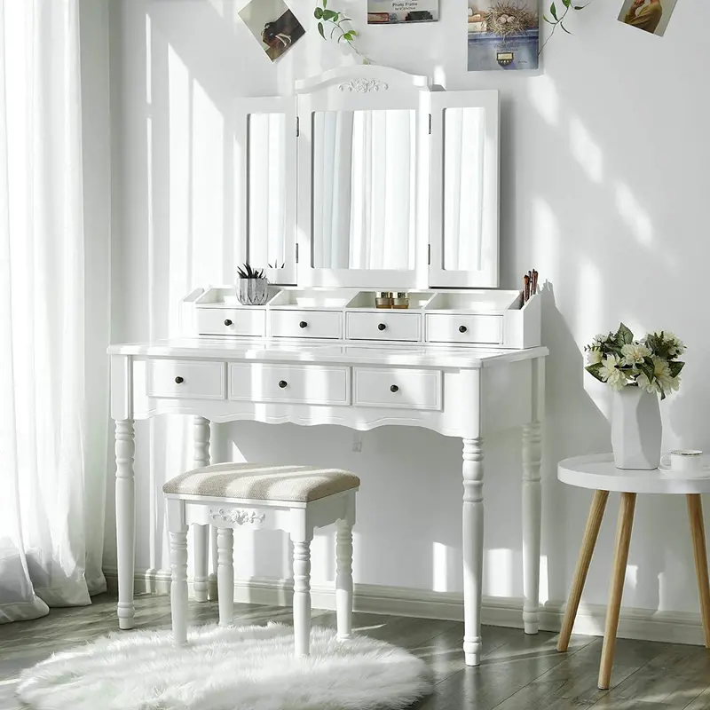 Tri-Folding Vanity Dressing Table with Stool – 7-Drawer Makeup Station with Mirror (Model 825DT)