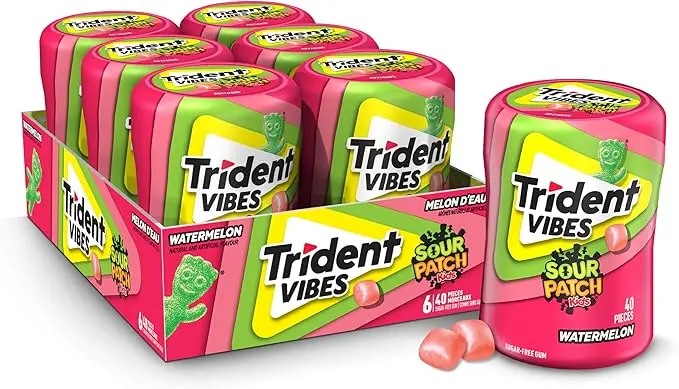 Trident Vibes Sour Patch Kids Watermelon Sugar-Free Gum – 40-Piece Bottle of Tart-Sweet Chewing Gum