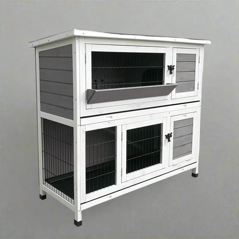 Two-Story Outdoor Rabbit Hutch – Weatherproof Wooden Bunny Cage with Ramp, Ideal for Small Animals P4571