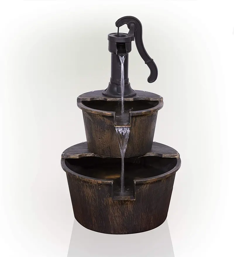 Two-Tier Barrel-Style Garden Water Fountain — Cascading Outdoor Feature for Patios and Landscapes