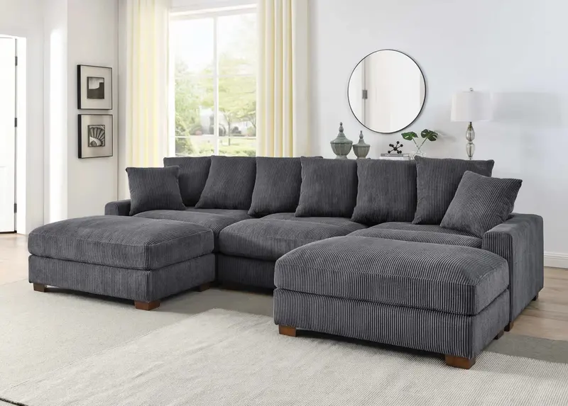 U-Shaped Corduroy Sectional Sofa Set – 5-Piece Living Room Furniture in Dark and Light Gray