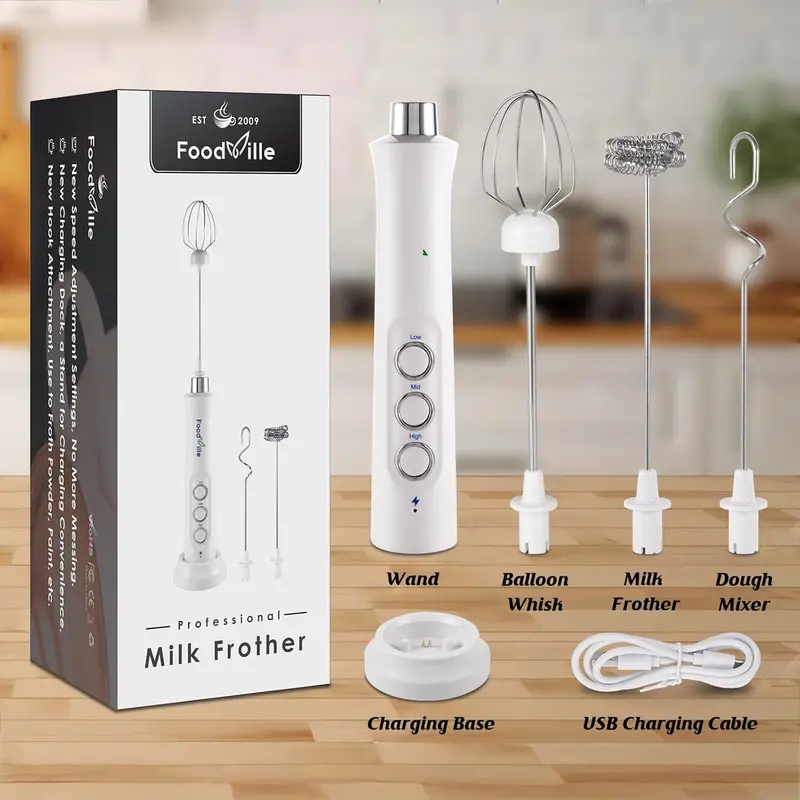 USB-Rechargeable Electric Milk Frother – 3-Speed Handheld Whisk for Coffee, Eggs, and More