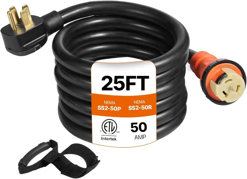VEVOR 25-Foot 50A ETL-Certified Generator Power Cord – 12000W Capacity, 125/250V, SS2-50R/SS2-50P Connectors, Portable Strap Included
