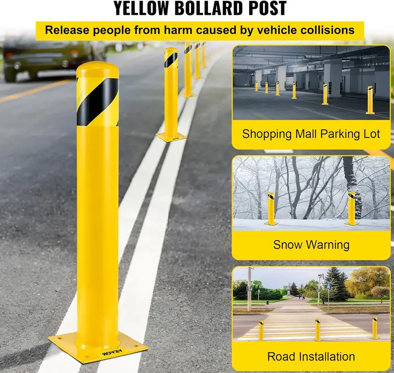VEVOR Steel Safety Bollard – 48-Inch Tall, 5.5-Inch Diameter Yellow Traffic Post with 8 Anchor Bolts for High-Risk Zones