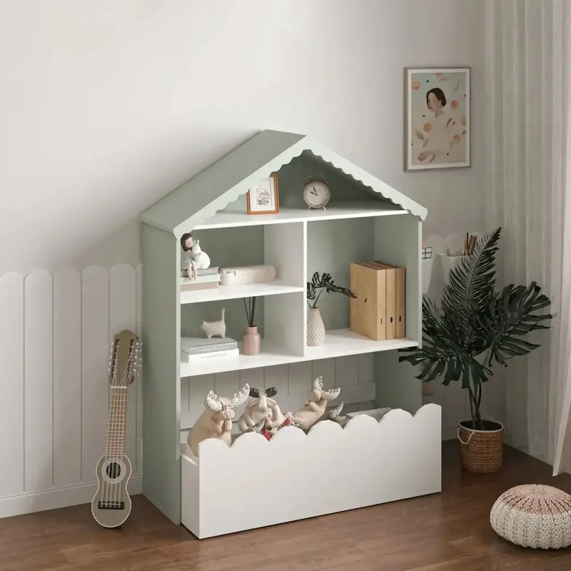 Whimsical House-Shaped Kids Bookshelf with Fabric Storage Bins – White BC038W