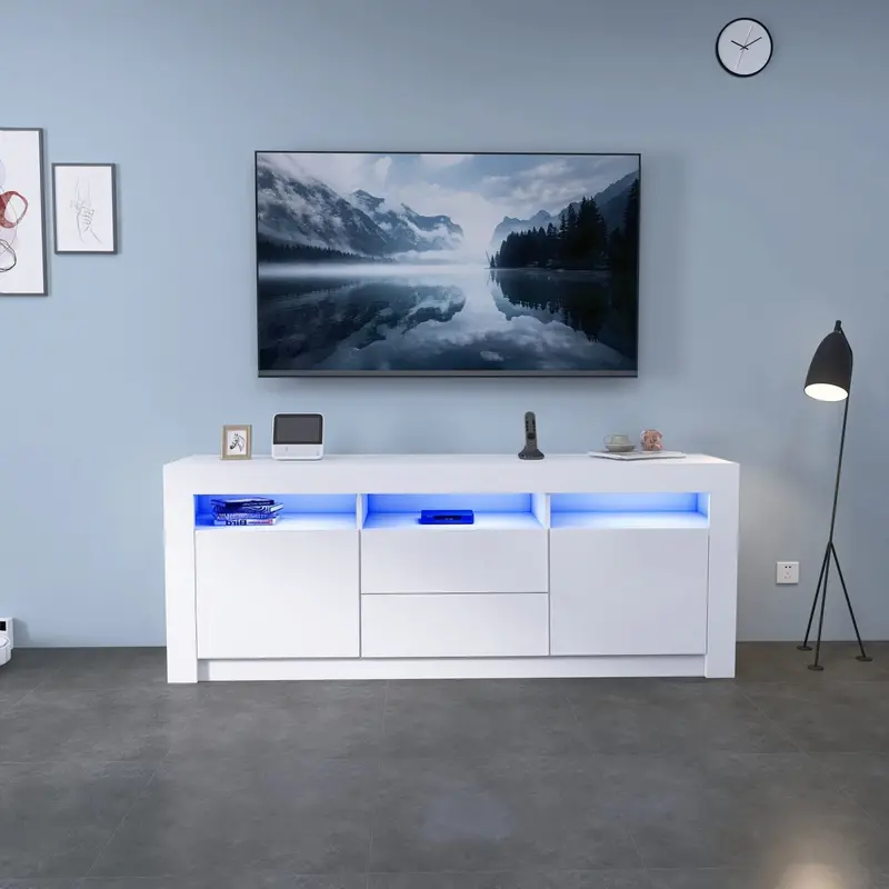 White High-Gloss LED TV Stand Cabinet – Contemporary Media Console with Ample Storage (TS045)