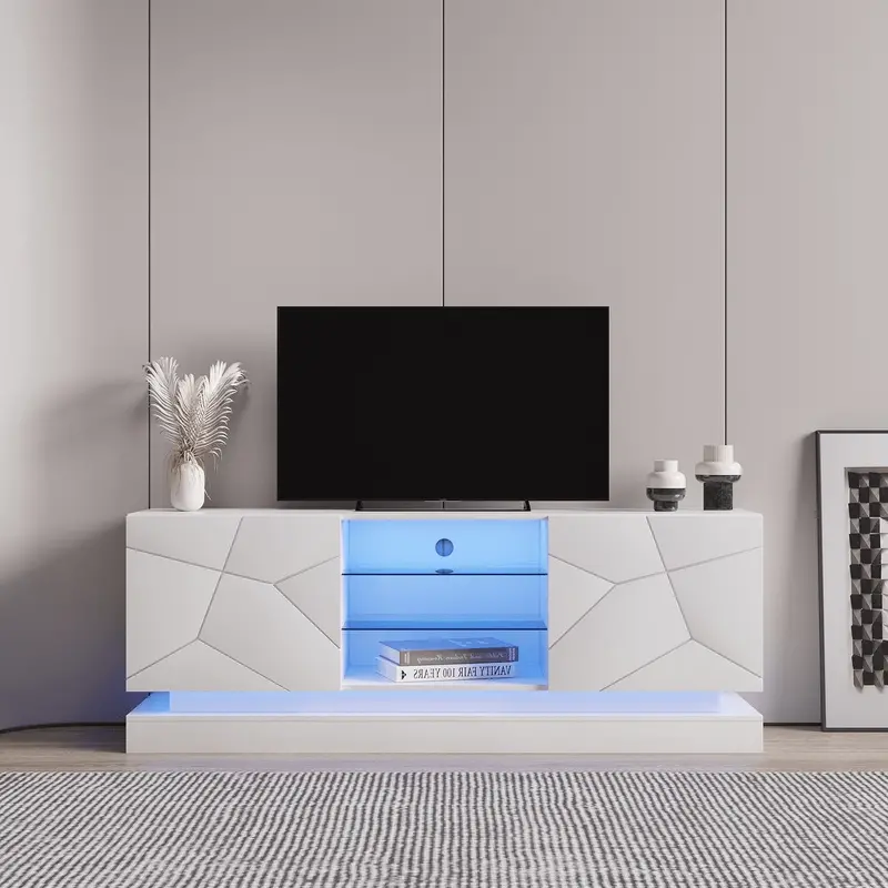 White High-Gloss TV Stand with Tempered Glass Shelves & Adjustable RGB LED Accent Lights | TS021W