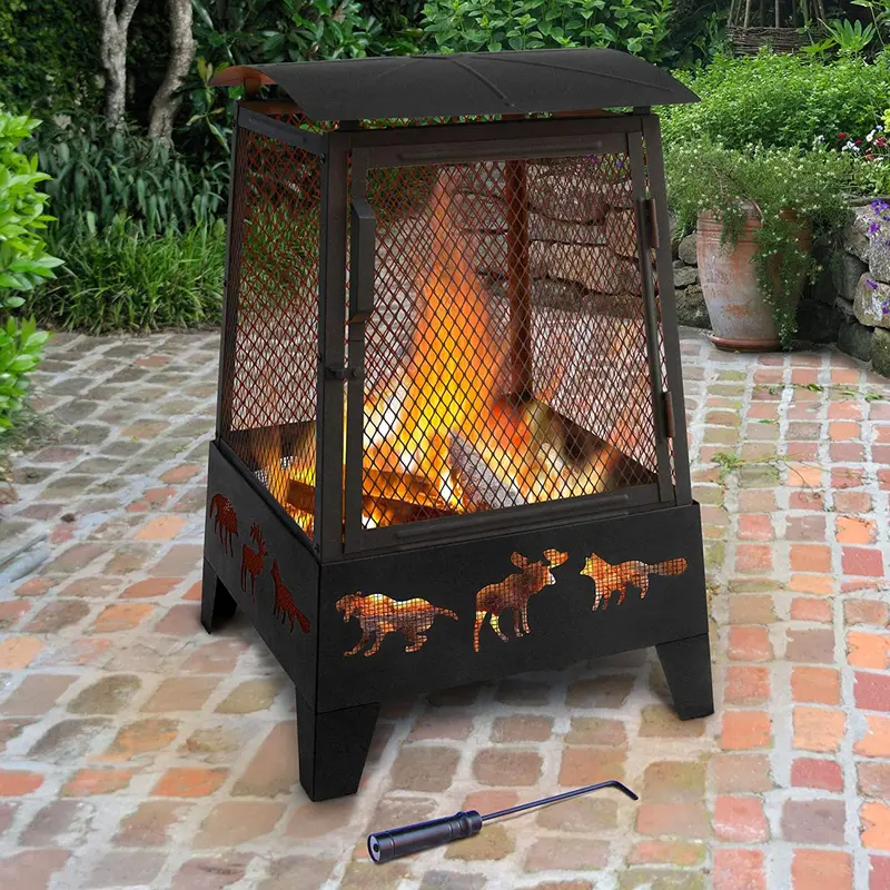 Wildlife-Themed Square Fire Pit — Steel Construction with Tall Spark Guard & Poker Set