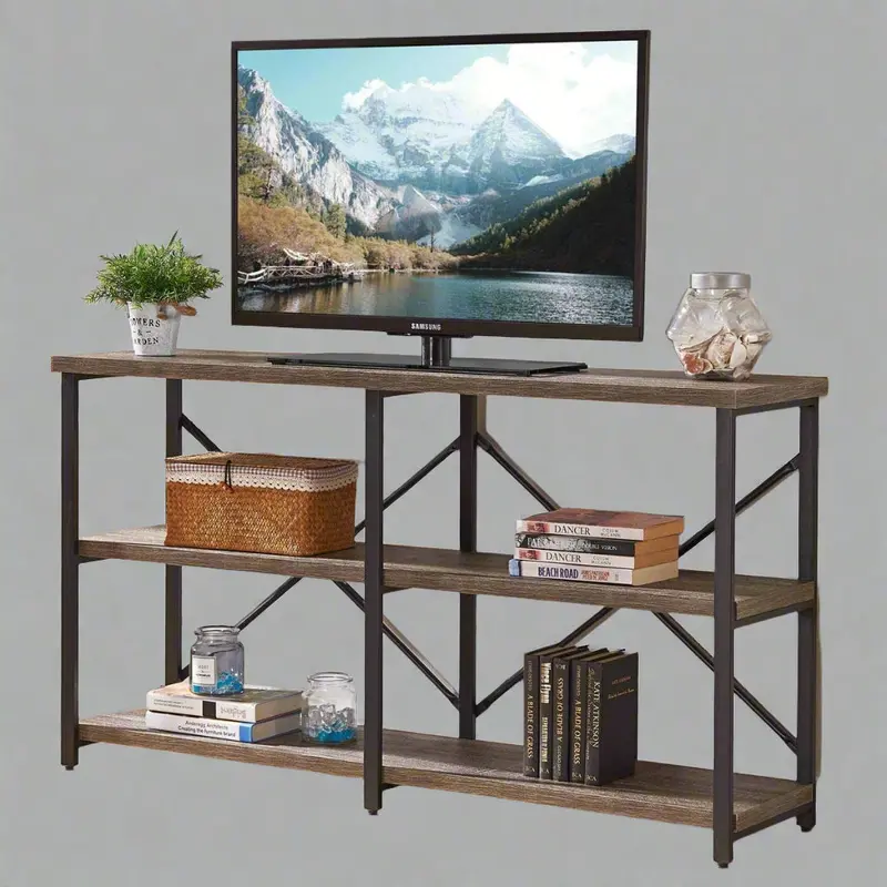 Wood-Grain Console Table with Three-Tier Shelving for Entryway or Hallway Use