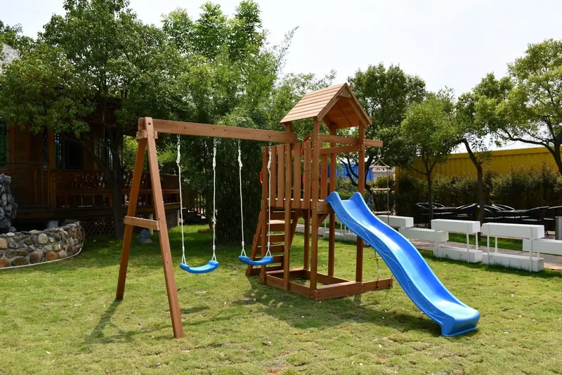 Wooden Outdoor Kids Swing Set Featuring Slide and Play Structure | Model C627