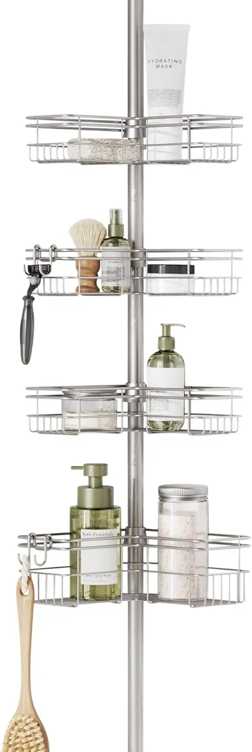 Zenna Home Satin Nickel Tension-Mount Shower Caddy for Small Bathrooms