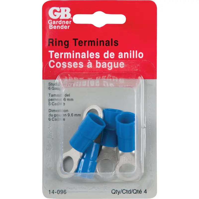Gardner Bender Blue Vinyl-Insulated Ring Terminal – 6 Awg, 3/8" Stud, 4-Pack 1